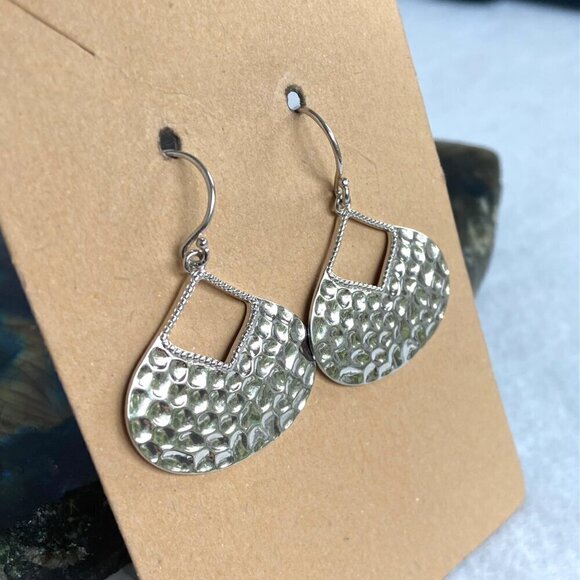 Sterling Silver 925 Teardrop Disc Hammered Dangle Drop Earrings - Picture 4 of 16